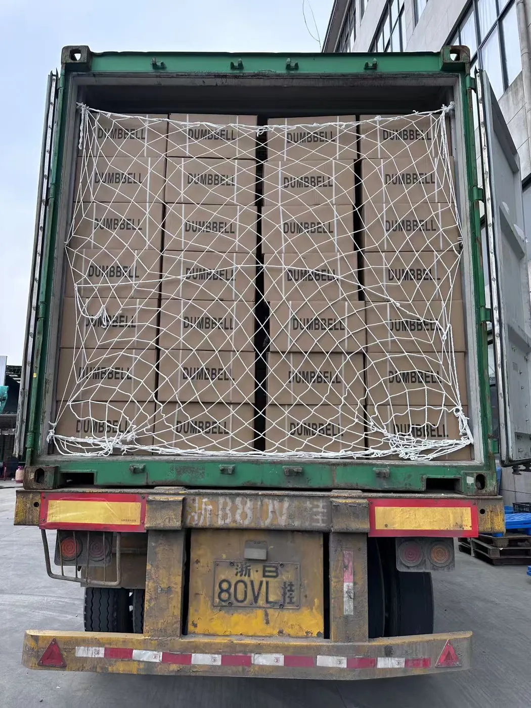 Dumbbell cartons loaded in export container